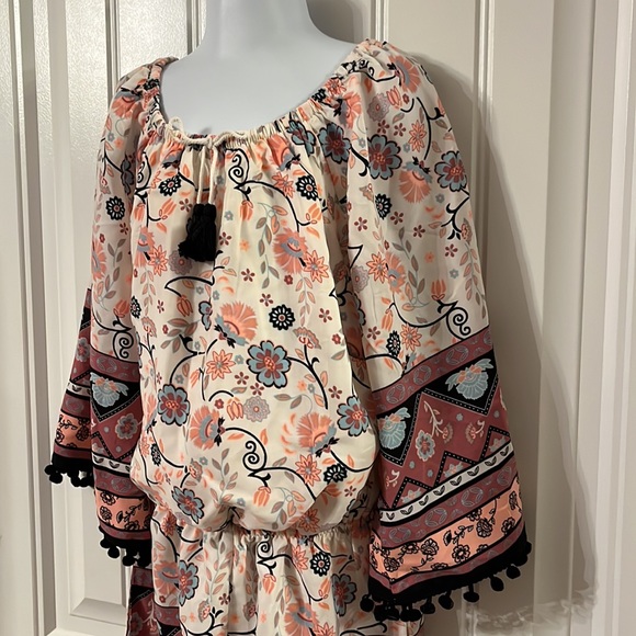 MY MICHELLE GIRLS Floral Lined Romper Size M Pom Pom Fringe with Tassel Tie - Picture 2 of 7